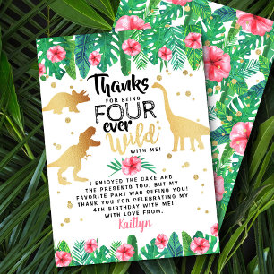 Four Ever Wild Dinosaur Girls 4th Birthday Thank You Card