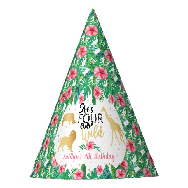 Four Ever Wild Girls 4th Birthday Party Hat (Front)