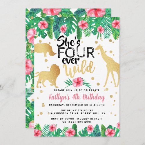 Four Ever Wild Girls 4th Birthday Party Invitation