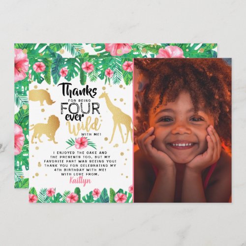 Four Ever Wild Girls 4th Birthday Photo Thank You Card