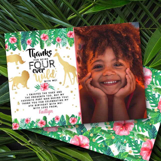 Four Ever Wild Girls 4th Birthday Photo Thank You Card (Creator Uploaded)