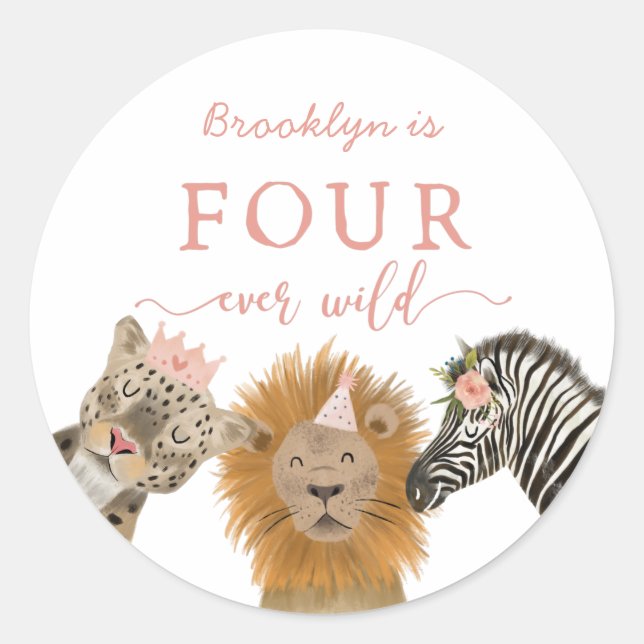 Four Ever Wild Girls 4th Birthday Safari Classic Round Sticker (Front)