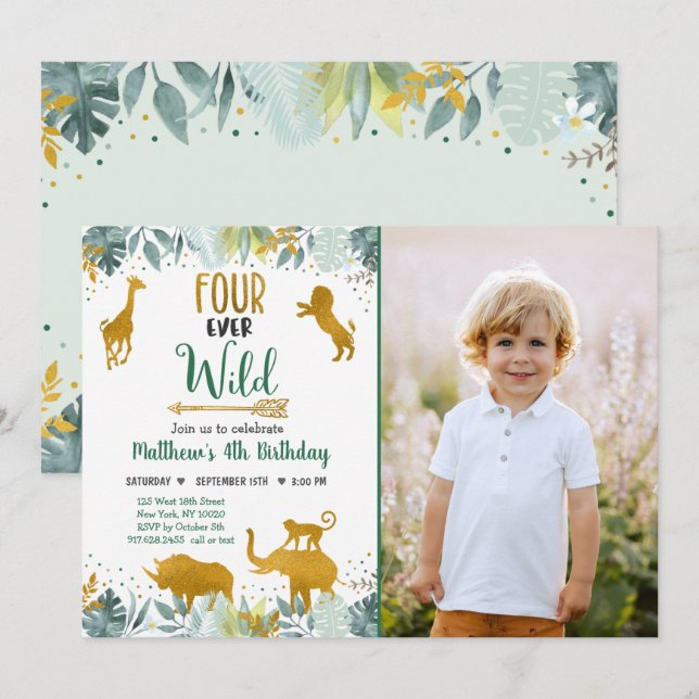 Four Ever Wild Greenery Gold Safari Birthday Invitation (Front/Back)