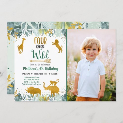 Four Ever Wild Greenery Gold Safari Birthday Invitation