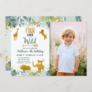 Four Ever Wild Greenery Gold Safari Birthday Invitation