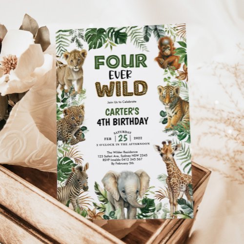 Four Ever Wild Jungle Animals 4th Birthday Boy Invitation