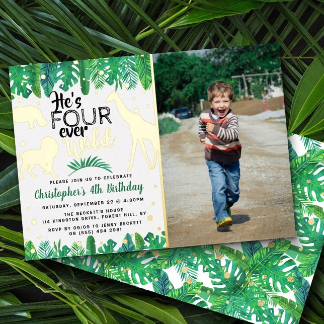 Four Ever Wild Jungle Boys 4th Birthday Photo Foil Invitation (Creator Uploaded)