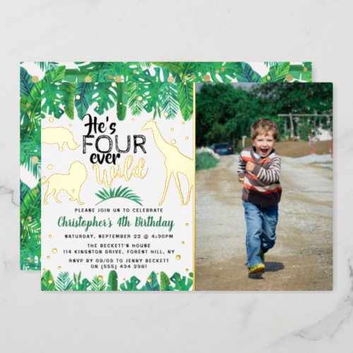 Four Ever Wild Jungle Boys 4th Birthday Photo Foil Invitation