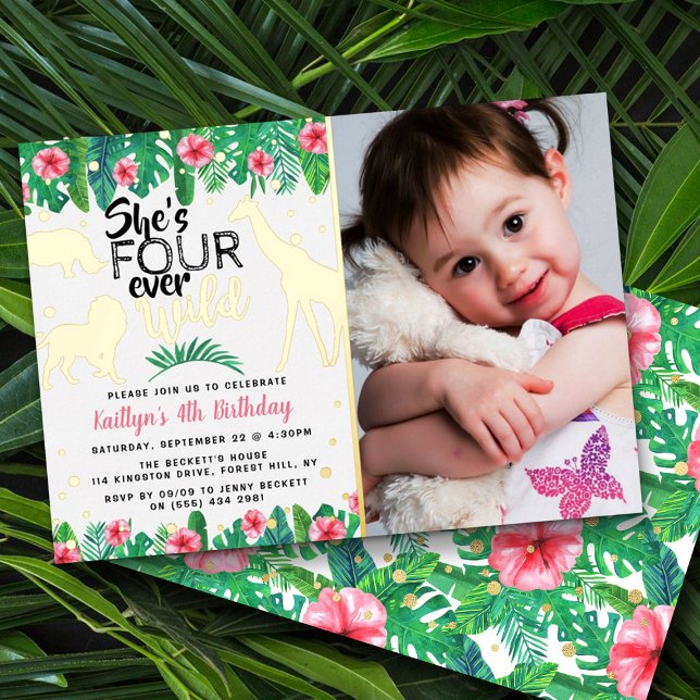Four Ever Wild Jungle Girls 4th Birthday Photo Foil Invitation (Creator Uploaded)