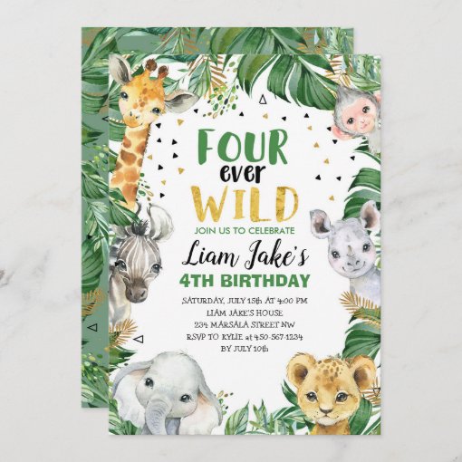 Four Ever Wild Jungle Safari 4th Birthday Party Invitation | Zazzle