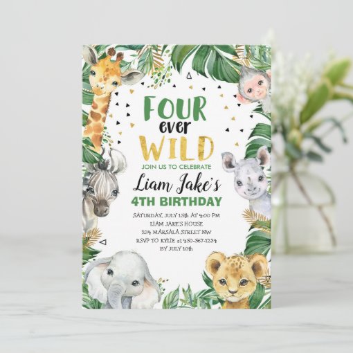 Four Ever Wild Jungle Safari 4th Birthday Party Invitation | Zazzle