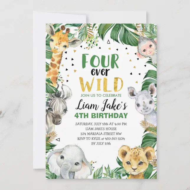 Four Ever Wild Jungle Safari 4th Birthday Party Invitation 