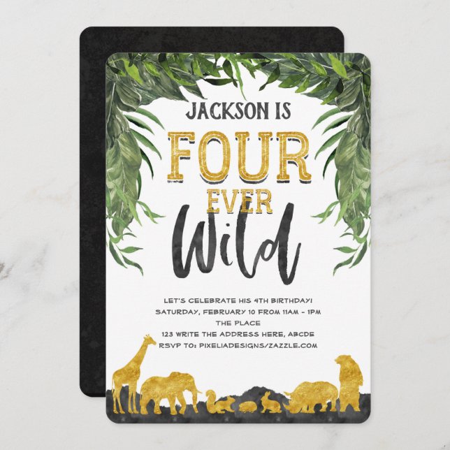 Four ever wild, Jungle safari animal, 4th birthday Invitation (Front/Back)