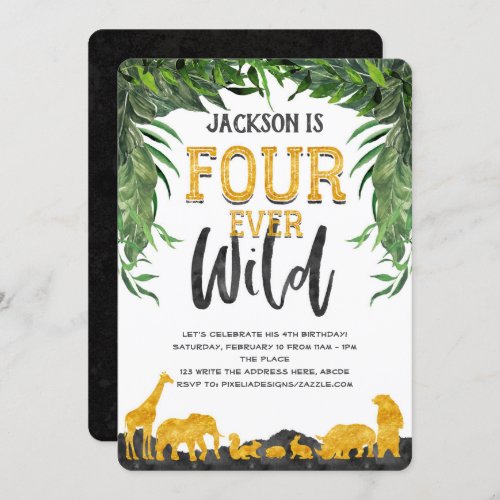 Four ever wild Jungle safari animal 4th birthday Invitation