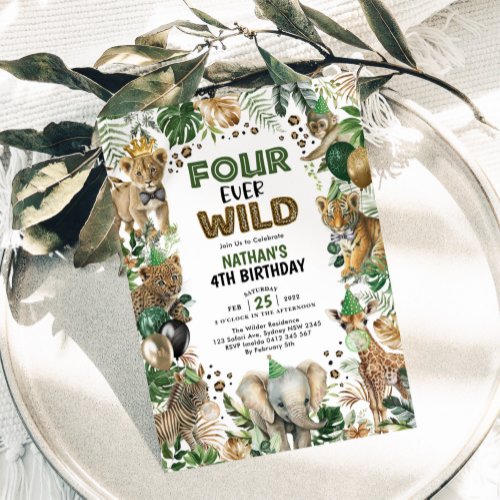 Four Ever Wild Jungle Safari Animals 4th Birthday Invitation