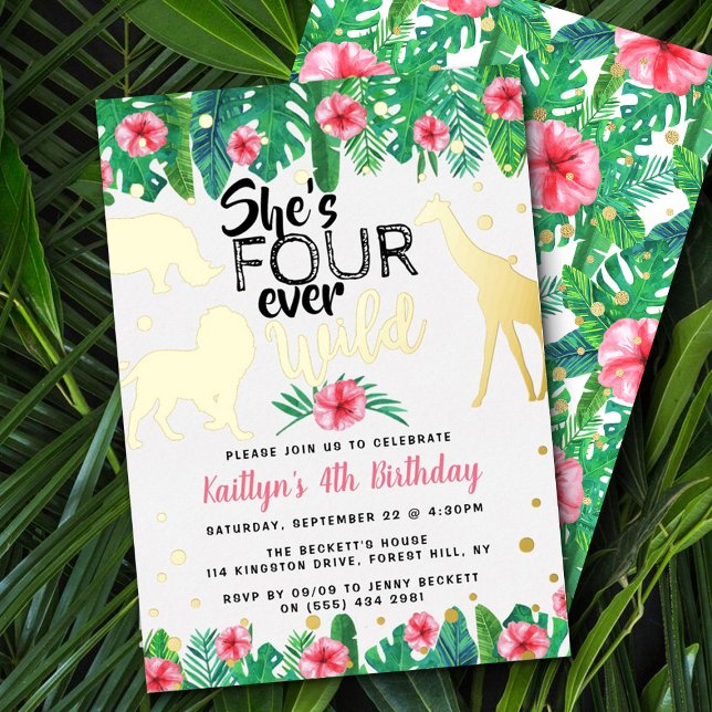Four Ever Wild Jungle Safari Girls 4th Birthday Foil Invitation (Creator Uploaded)