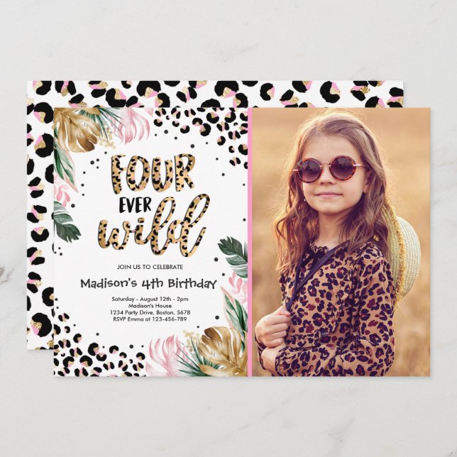 Four Ever Wild Leopard Print 4th Birthday Party Invitation (Front/Back)