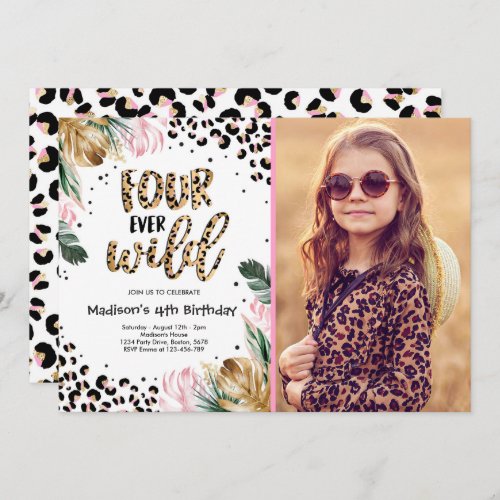 Four Ever Wild Leopard Print 4th Birthday Party Invitation