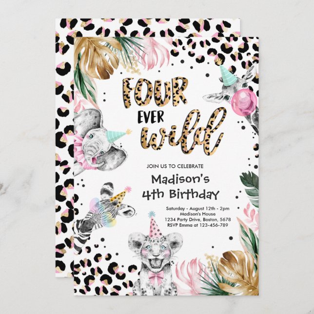 Four Ever Wild Leopard Safari Animals 4th Birthday Invitation (Front/Back)