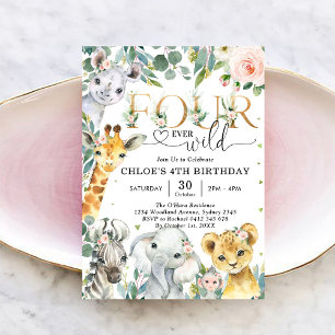 Four Ever Wild Party Animals Girl 4th Birthday Invitation