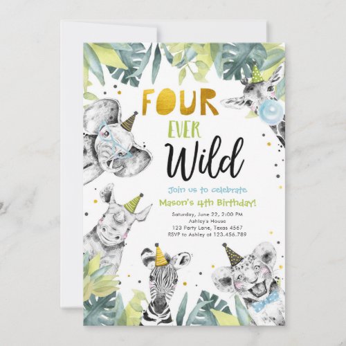 Four Ever Wild Party Animals Safari Boy Birthday Invitation