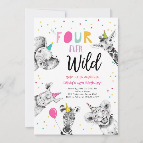 Four Ever Wild Party Animals Safari Girl Birthday Invitation