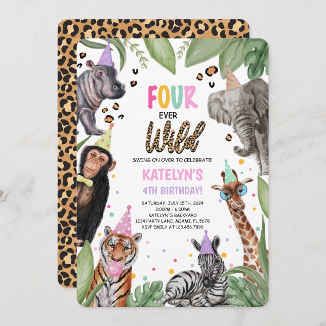 FOUR Ever Wild Safari 4th Birthday Invitation (Front/Back)