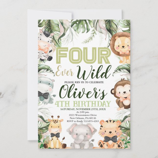 Four Ever Wild Safari, 4th Birthday Jungle Animals Invitation (Front)