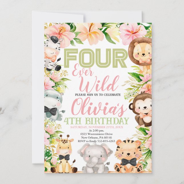 Four Ever Wild Safari, 4th Birthday Jungle Animals Invitation (Front)