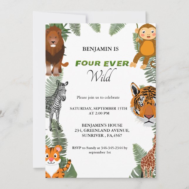 Four ever wild safari 4th birthday party invitation (Front)