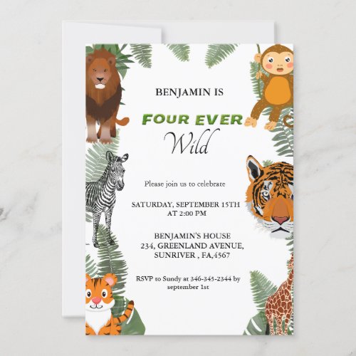 Four ever wild safari 4th birthday party invitation