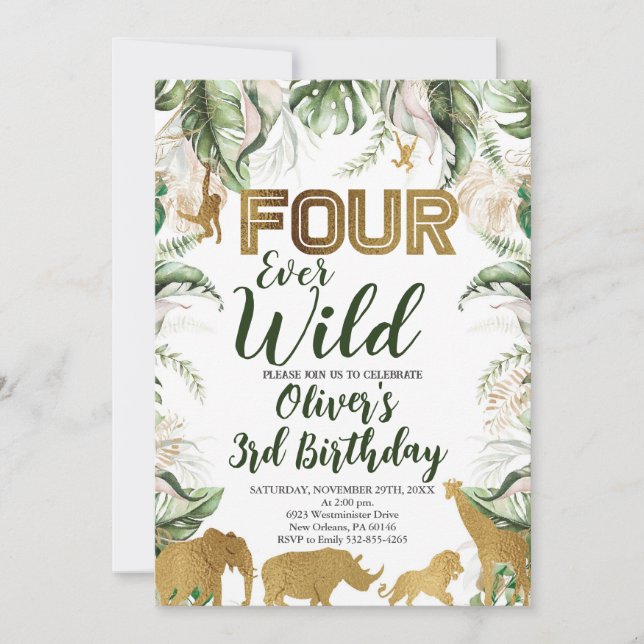 Four Ever Wild Safari Animal Birthday, Safari Invitation (Front)