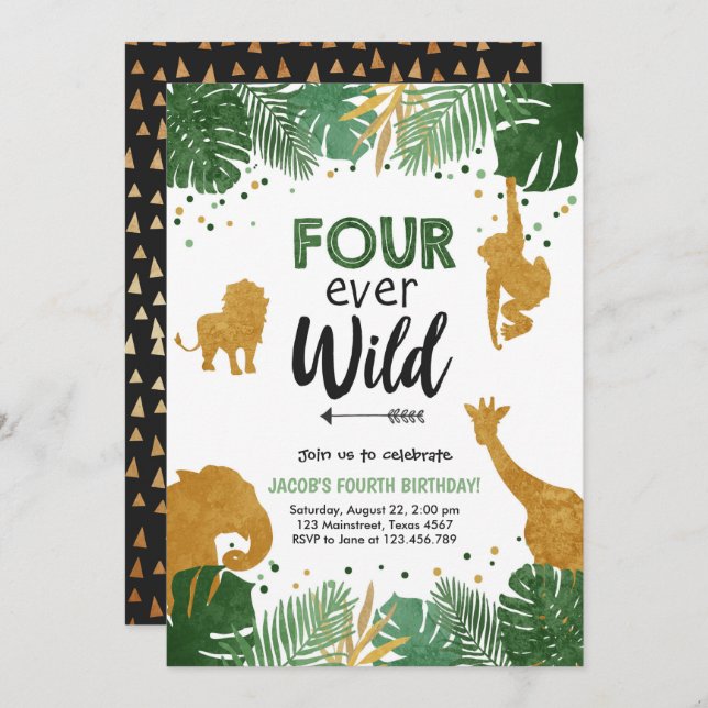 Four Ever Wild Safari Animal Boy Birthday Invitation (Front/Back)