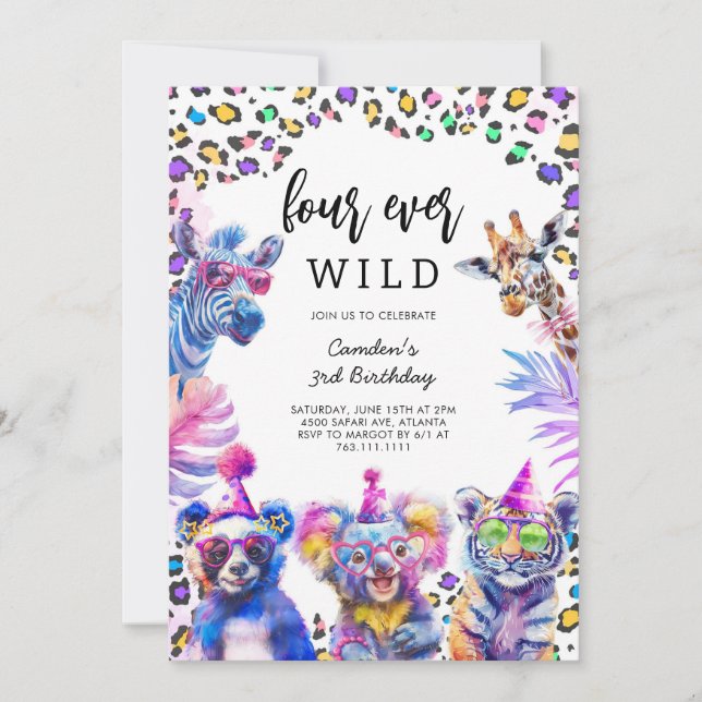 Four Ever Wild Safari Animals 4th Birthday  Invitation (Front)