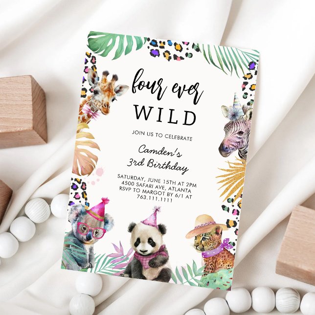 Four Ever Wild Safari Animals 4th Birthday Invitation (Creator Uploaded)