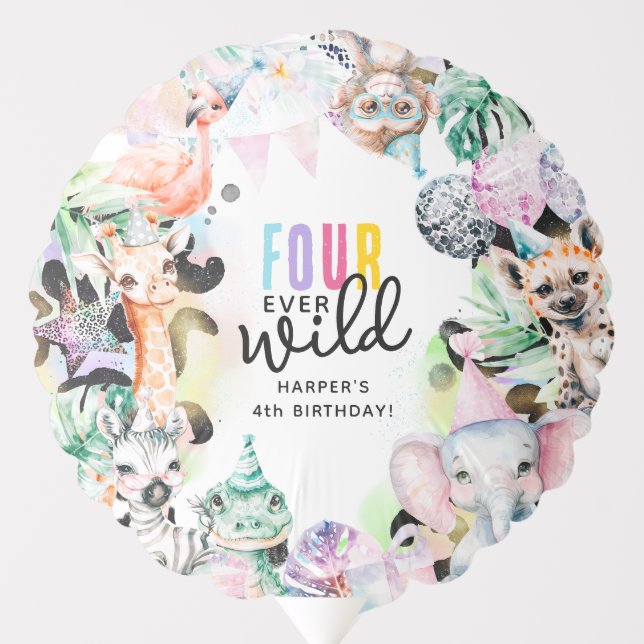 Four Ever Wild Safari Animals Cool 4th Birthday Balloon (Front)