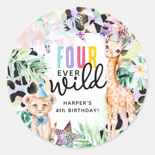 FOUR ever Wild Safari Animals Cool 4th Birthday Classic Round Sticker