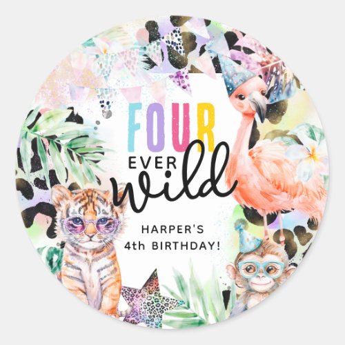 FOUR ever Wild Safari Animals Cool 4th Birthday Classic Round Sticker