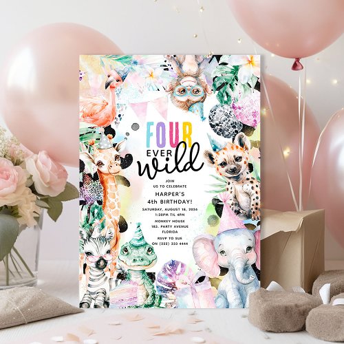 Four Ever Wild Safari Animals Cool 4th Birthday Invitation