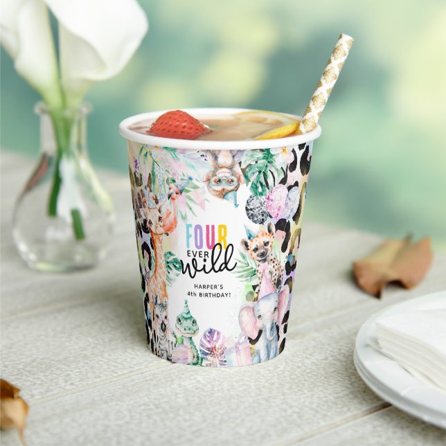 FOUR ever Wild Safari Animals Cool 4th Birthday Paper Cups (Insitu)