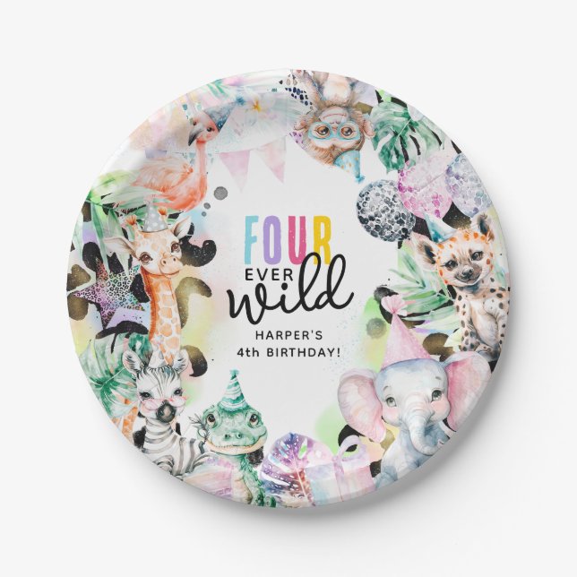 Four Ever Wild Safari Animals Cool 4th Birthday Paper Plates (Front)