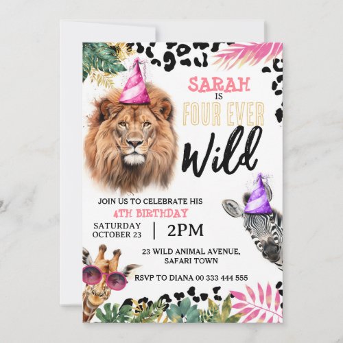 Four_Ever Wild Safari Animals Girl 4th Birthday Invitation