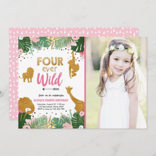 Four Ever Wild Safari Animals Girl Birthday Invitation