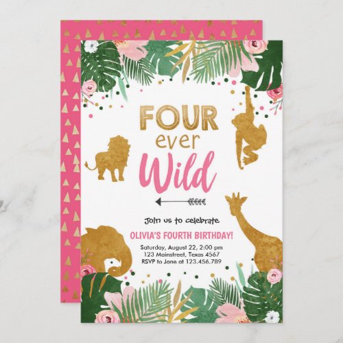 Four Ever Wild Safari Animals Girl Birthday Invitation