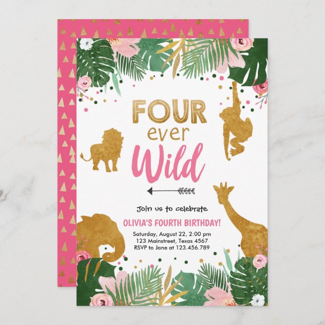 Four Ever Wild Safari Animals Girl Birthday Invitation (Front/Back)