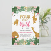 Four Ever Wild Safari Animals Girl Birthday Invitation (Standing Front)