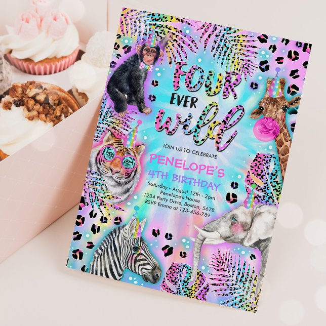 Four Ever Wild Safari Neon Cheetah Birthday Party Invitation (Creator Uploaded)