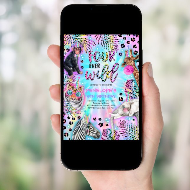 Four Ever Wild Safari Neon Cheetah Birthday Party Invitation (Front Digital)
