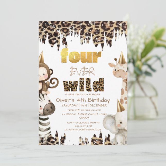 Four Ever Wild Safari Party 4th Birthday Invitation (Standing Front)