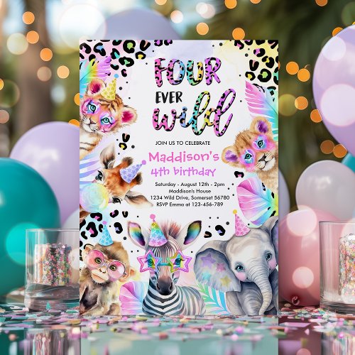 Four Ever Wild Safari Pink Girl Leopard Birthday Invitation